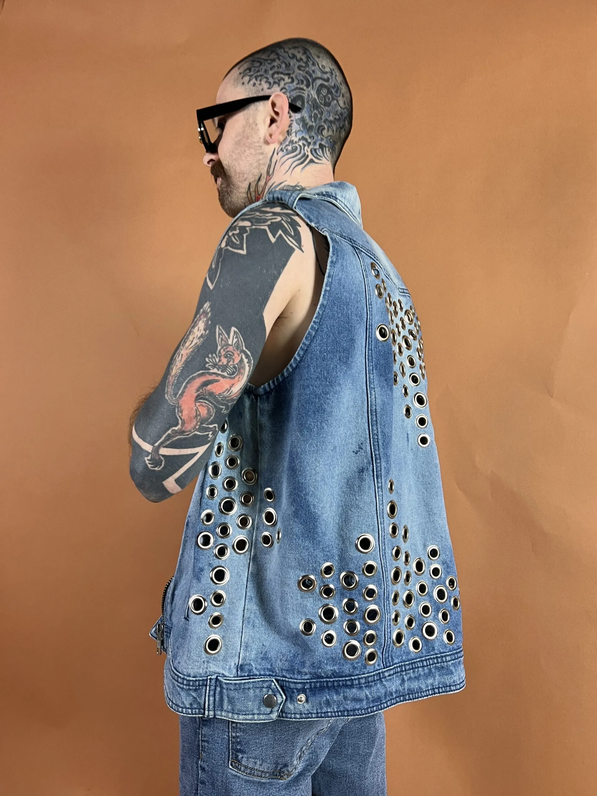 Grommeted & Bleached Denim Oversized Moto Vest