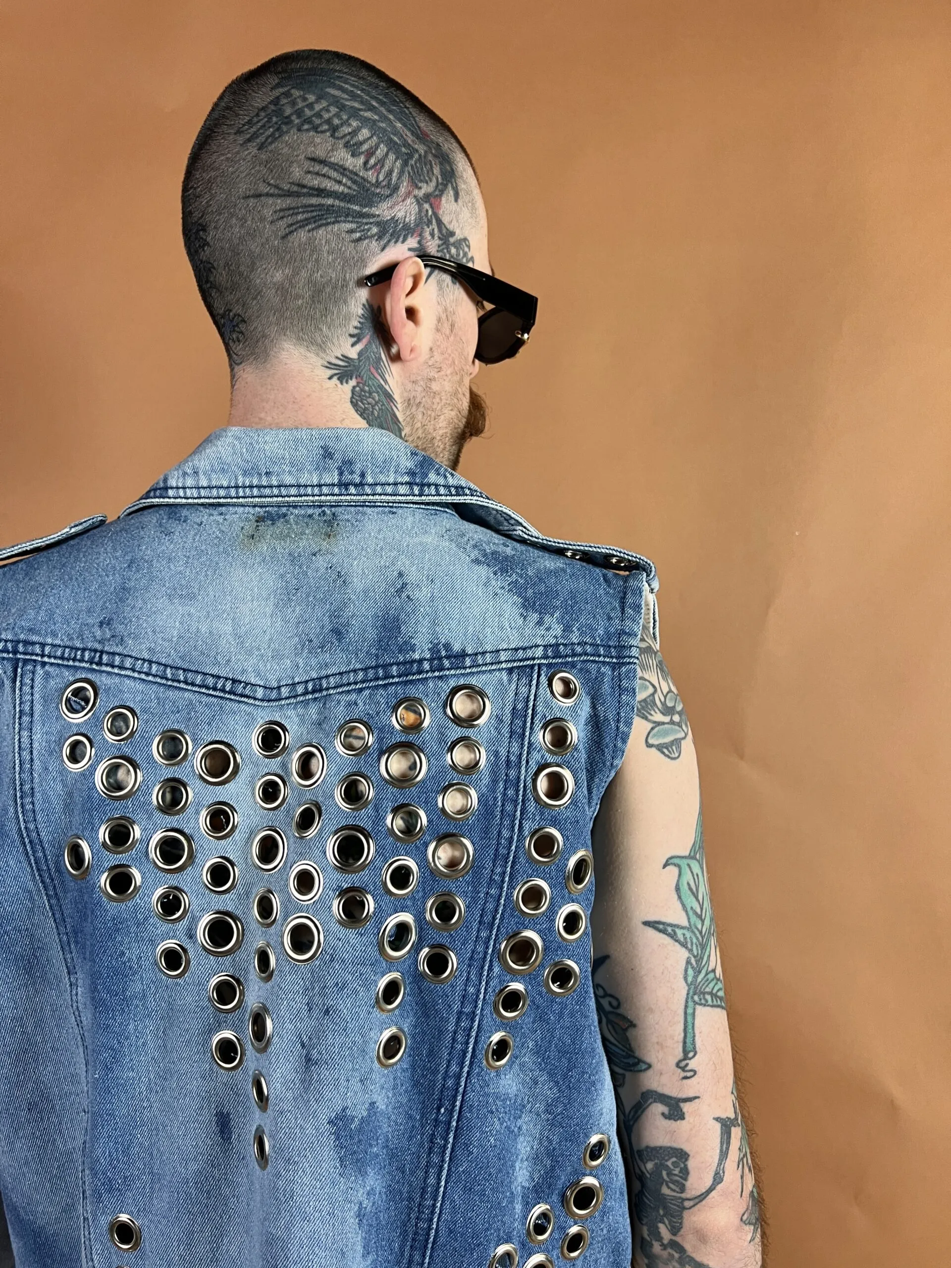 Grommeted & Bleached Denim Oversized Moto Vest