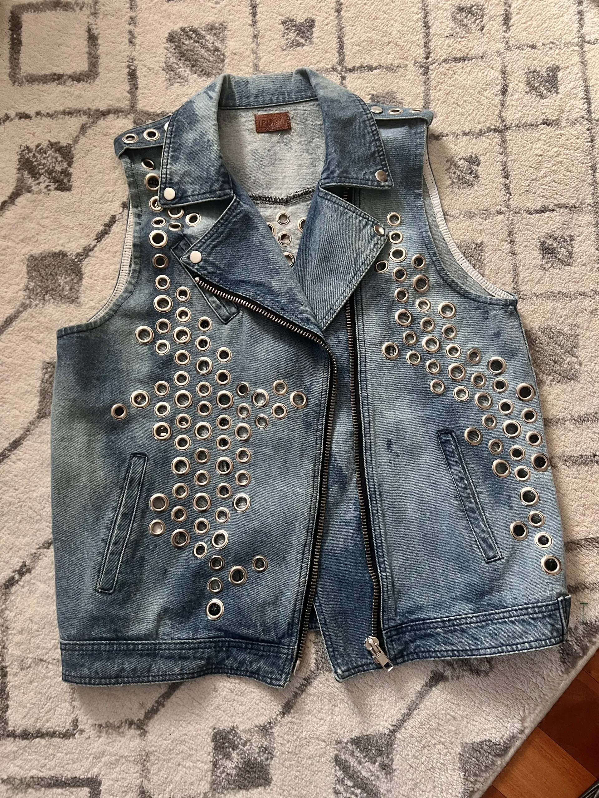 Grommeted & Bleached Denim Oversized Moto Vest