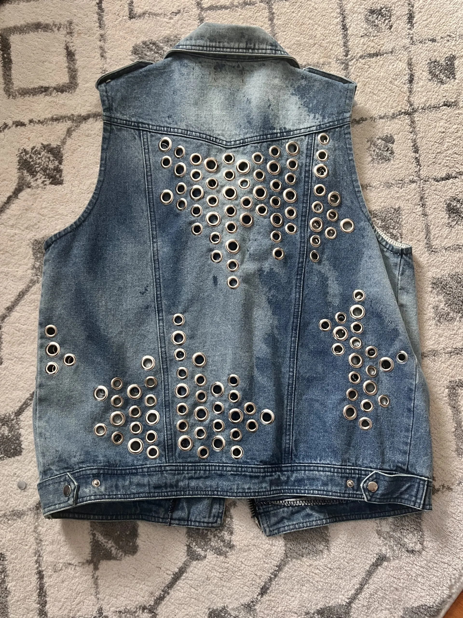 Grommeted & Bleached Denim Oversized Moto Vest