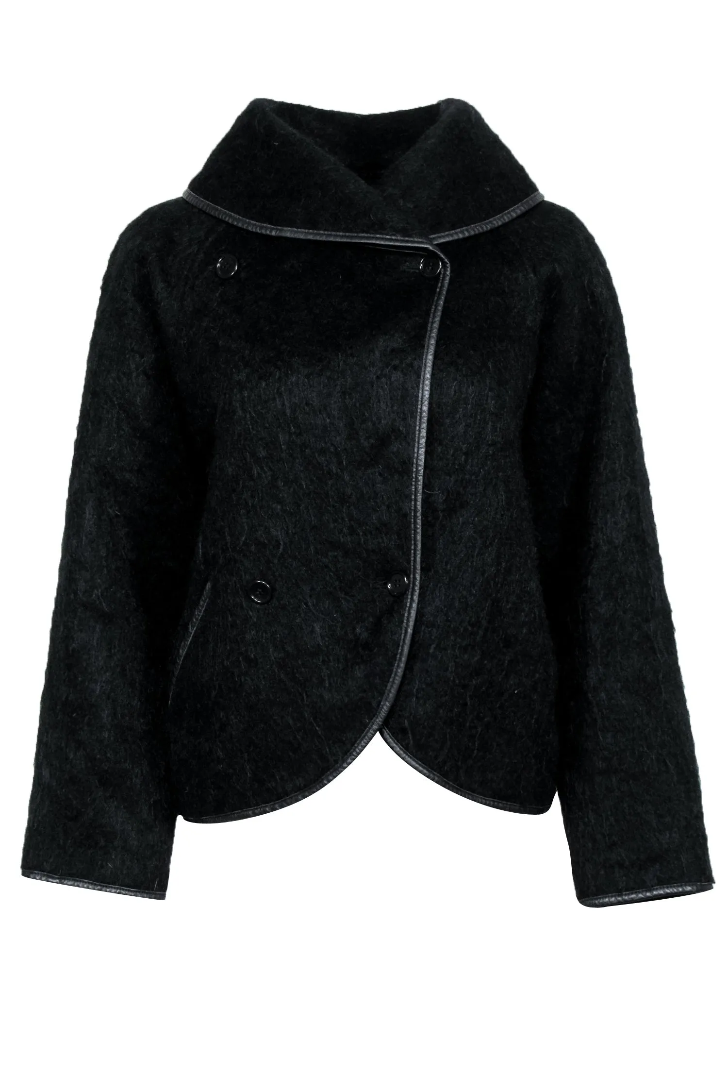 Guy Laroche - Black Wool & Mohair Slouchy Jacket w/ Leather Trim Sz 4