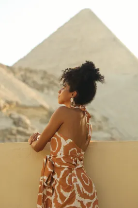 Halter Neck Wrap Dress in Orange & Beige