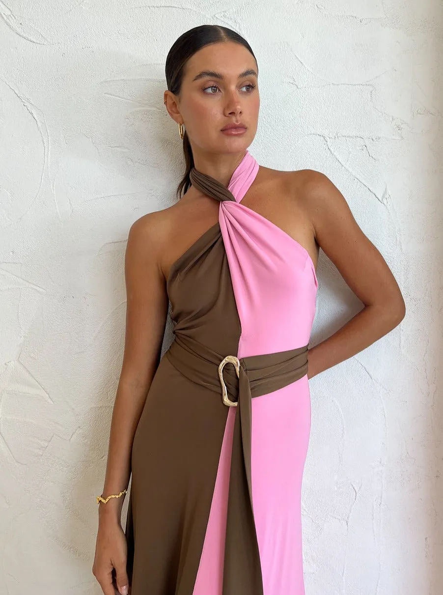 Hansen and Gretel Tempest Halter Wrap Dress in Carob/Pink