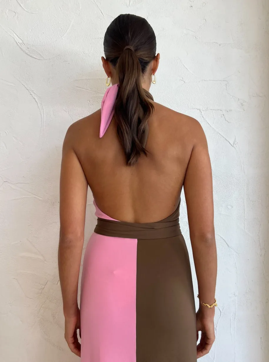 Hansen and Gretel Tempest Halter Wrap Dress in Carob/Pink