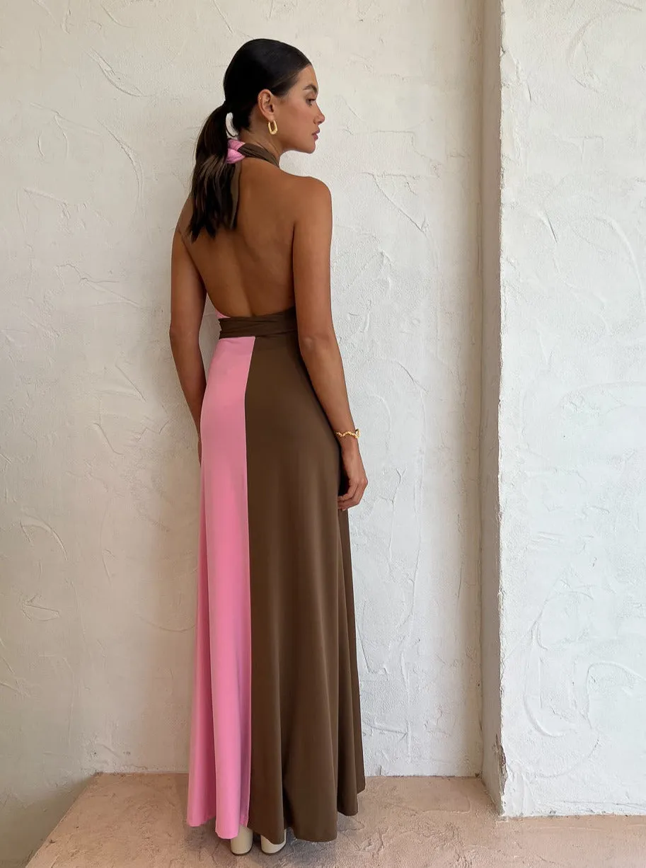 Hansen and Gretel Tempest Halter Wrap Dress in Carob/Pink