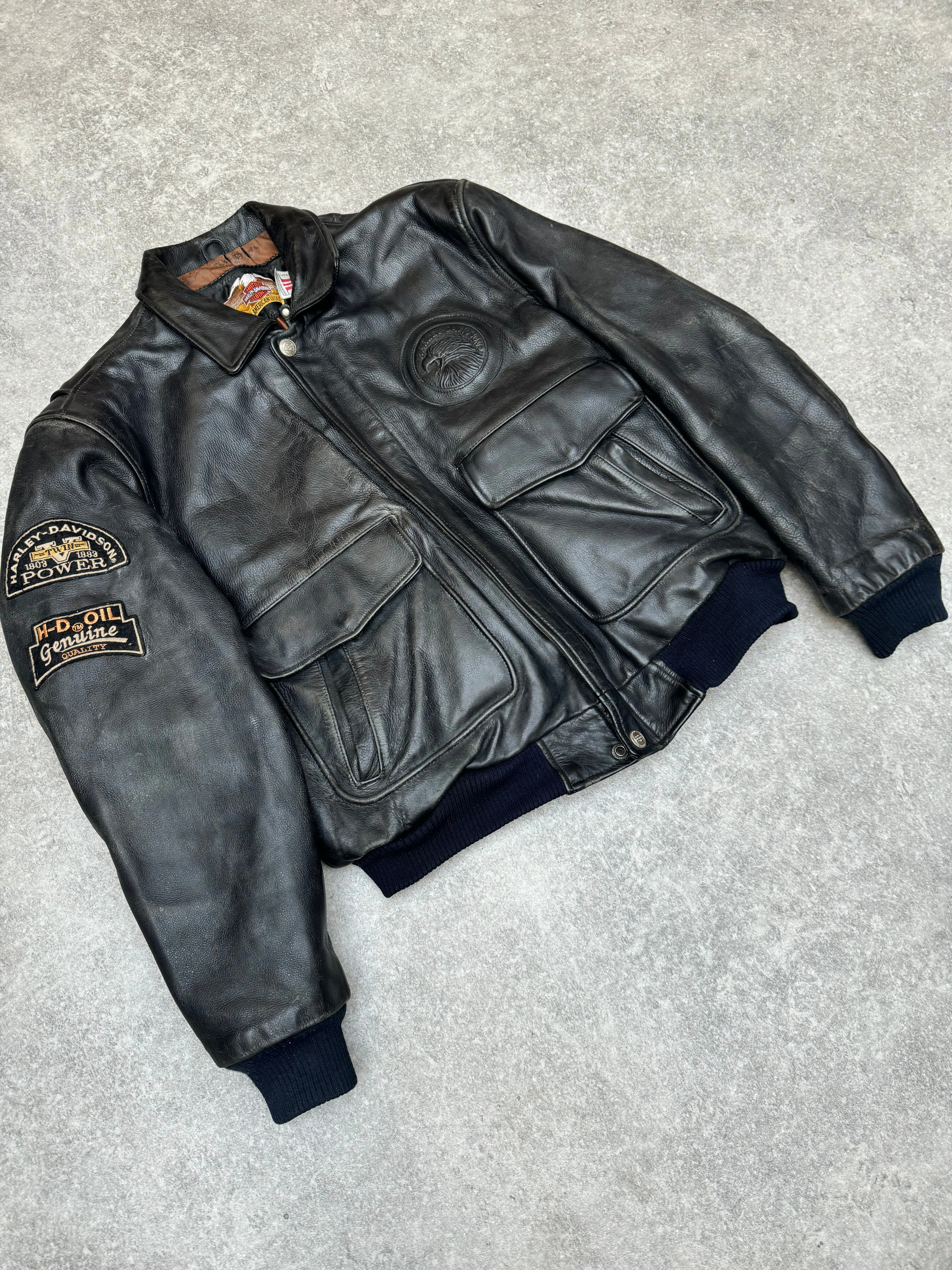 Harley Davidson Patchwork Sleeve Distressed Black Leather Jacket