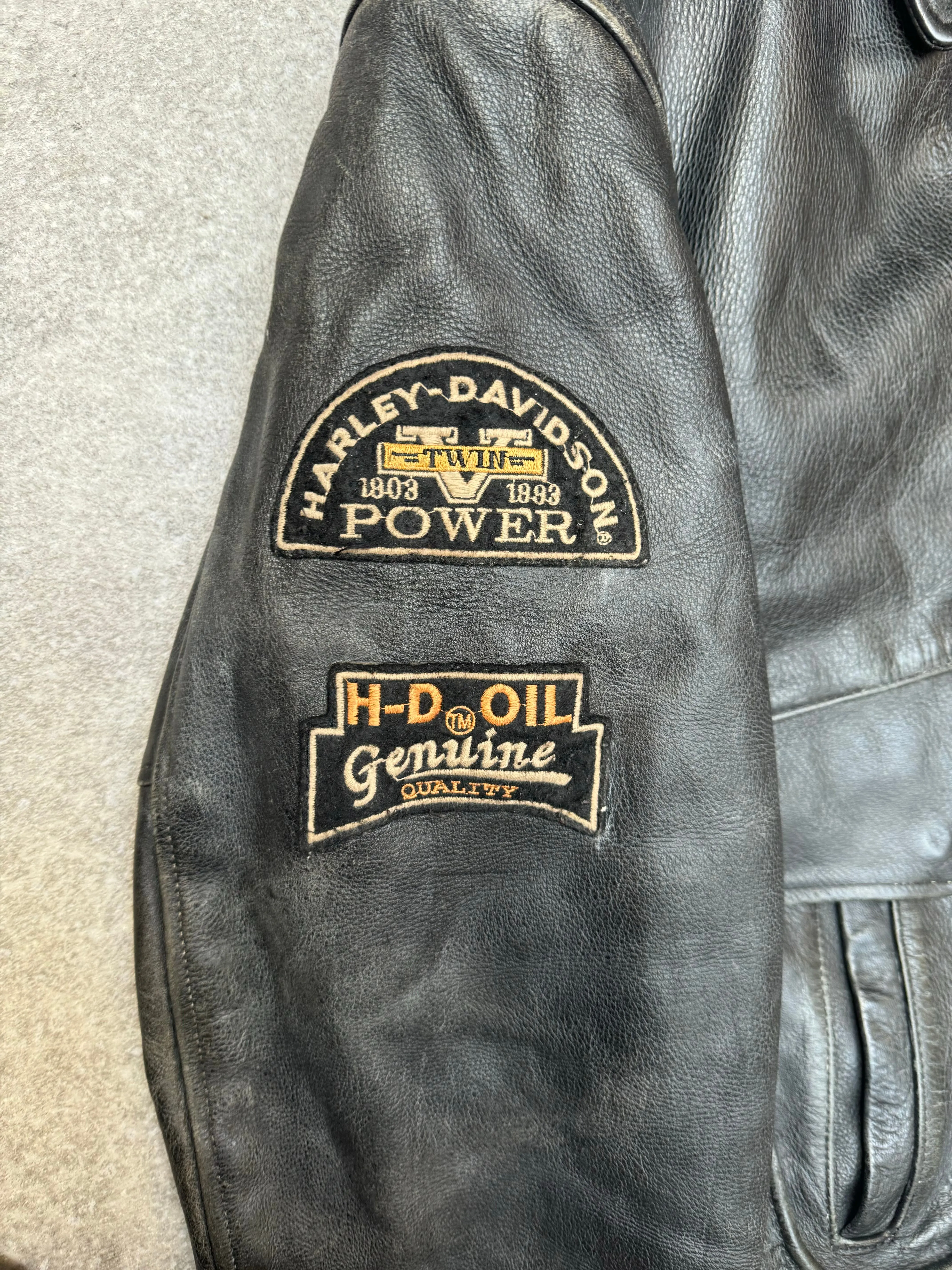 Harley Davidson Patchwork Sleeve Distressed Black Leather Jacket