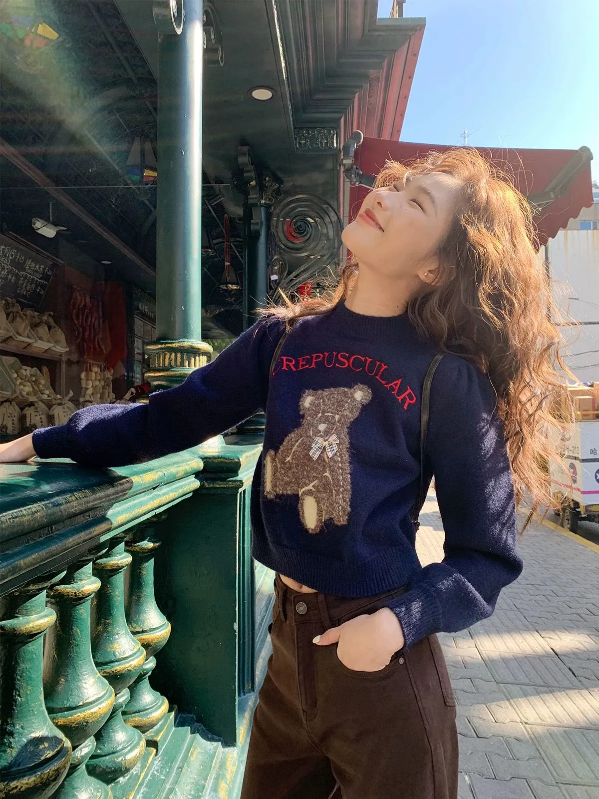 Hello Canon Teddy Bear Embroidery Puff Sleeve Sweater Women's Autumn and Winter New Loose Slim Short Knit Top