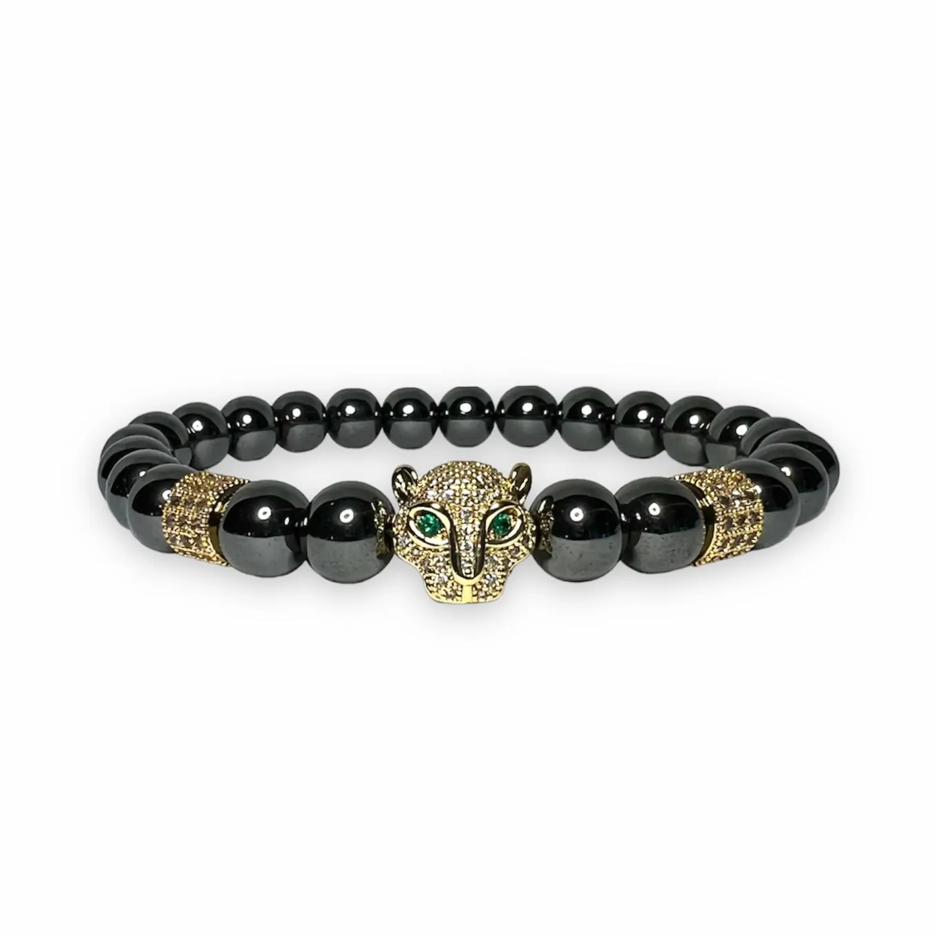 Hematite Stone Bracelet, Gold Leopard with Clear Zirconia