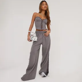 High Waist Lace Up Side Detail Wide Leg Joggers In Grey