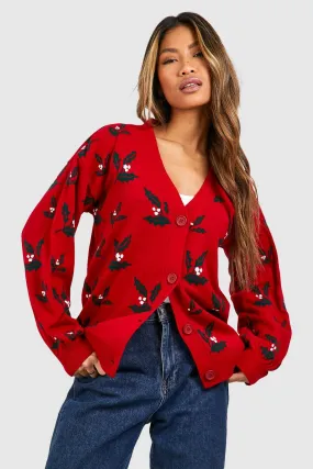 Holly Print Christmas Cardigan