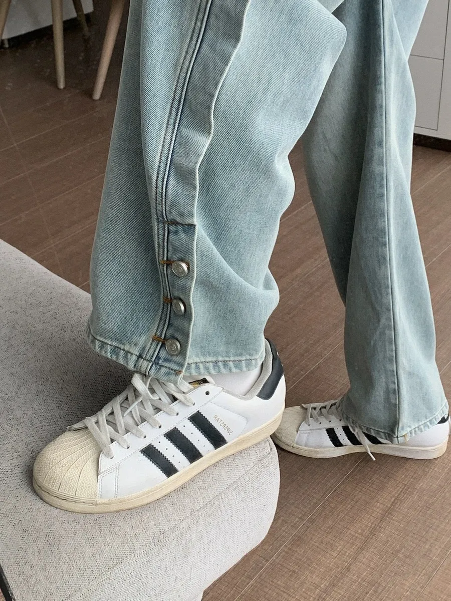 Hualun spring pure cotton light blue jeans buttoned pants trendy brand handsome street pants men handsome straight pants