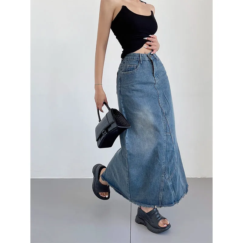 Ianna Denim Blue Retro High-rise Split Mid-Length Fishtail A-line Jeans Skirt