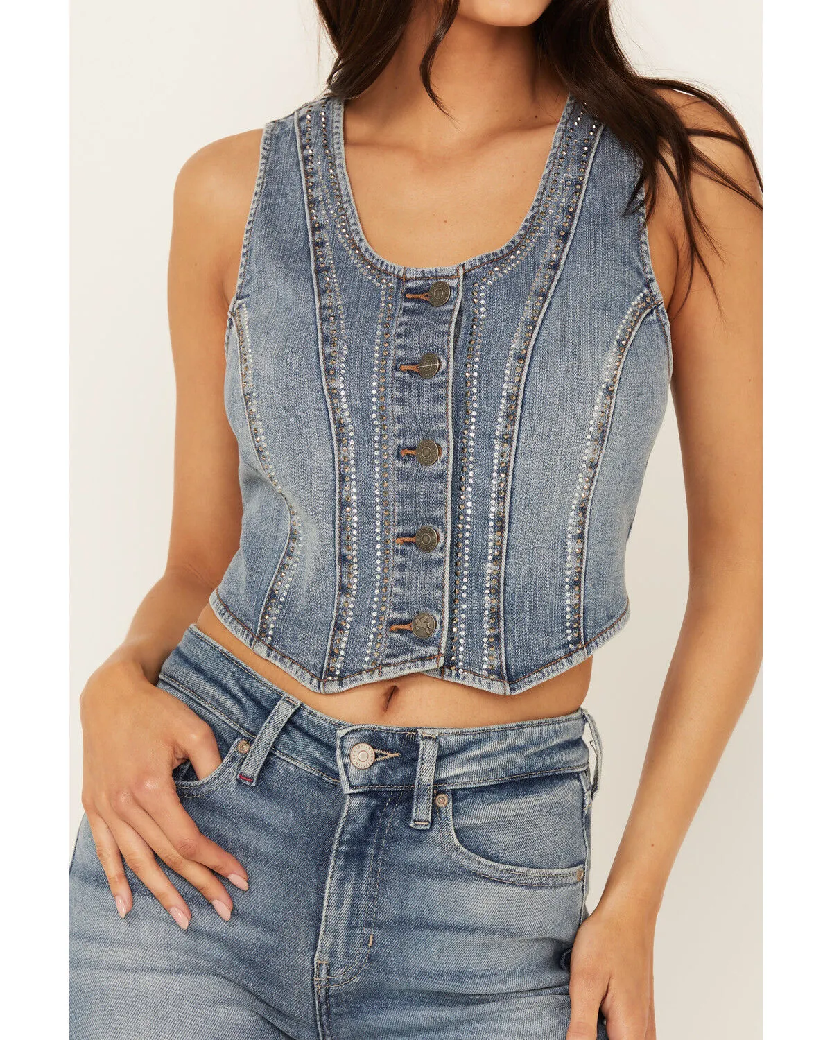 Idyllwind Women's Medium Wash Embellished Stretch Denim Vest