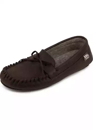 Isotoner Mens Brown Distressed Moccasin Slipper with Herringbone Socks by Totes | Look Again