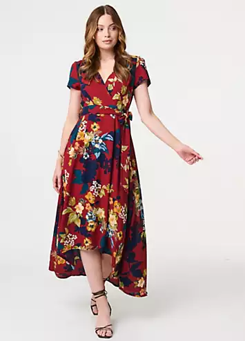 Izabel London Burgundy Floral High Low Wrap Maxi Dress | Grattan