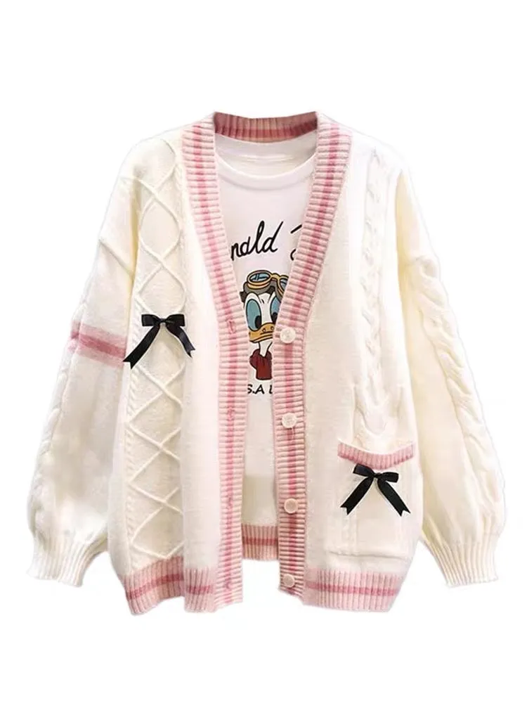 Japanese bow sweater jacket for women autumn and winter 2023 new loose and lazy style design age-reducing knitted cardigan
