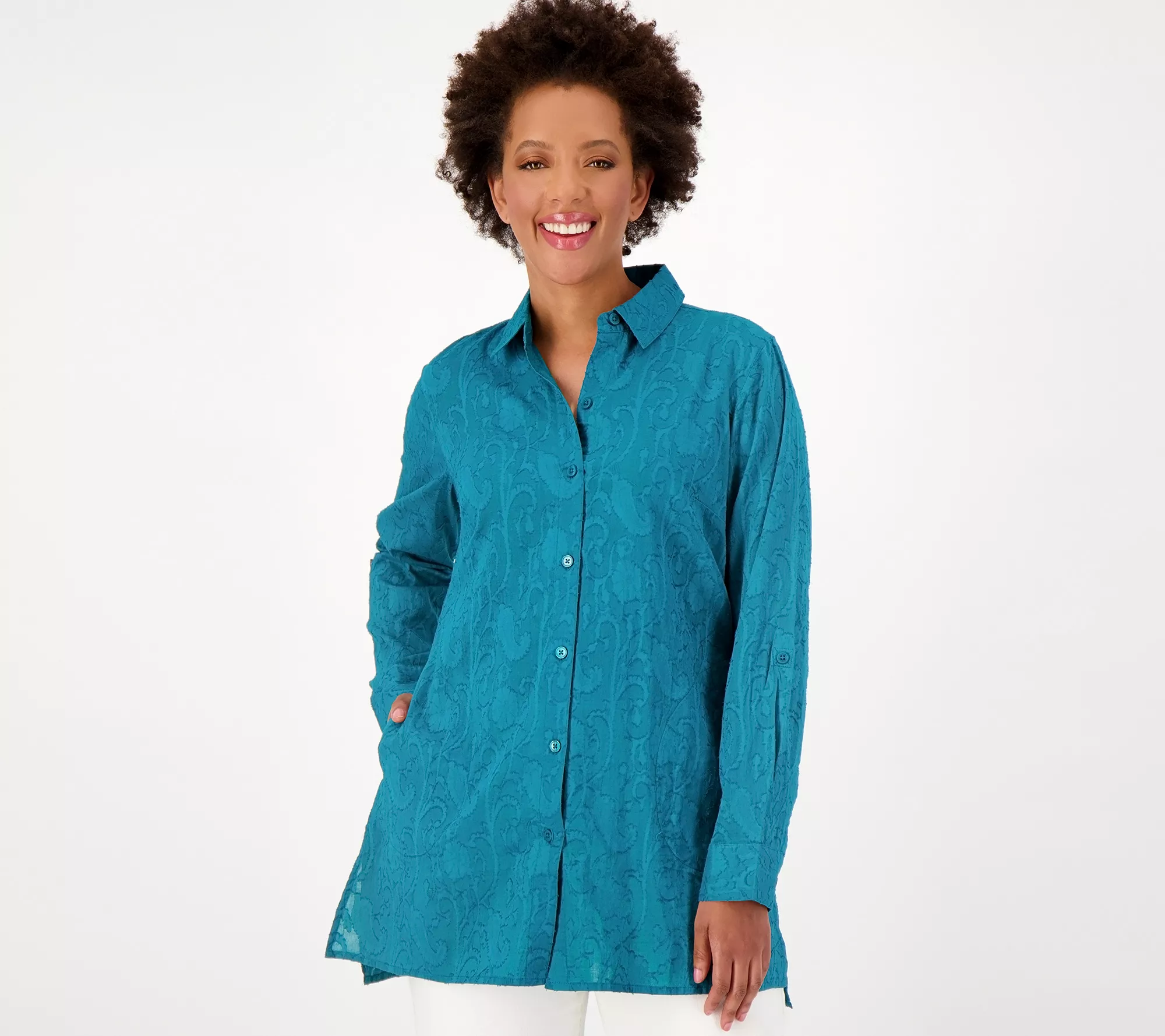 Joan Rivers Petite Cotton Jacquard Boyfriend Tunic