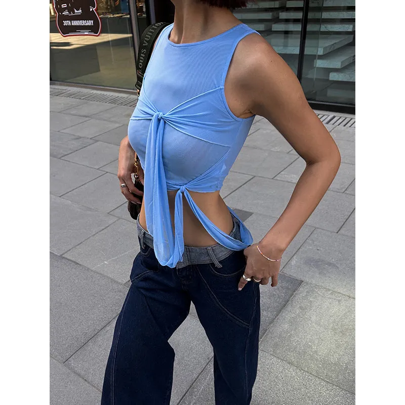 Kareena Solid Color Blue Mesh Irregular Micro-Sheer Summer Sleeveless Cropped Top