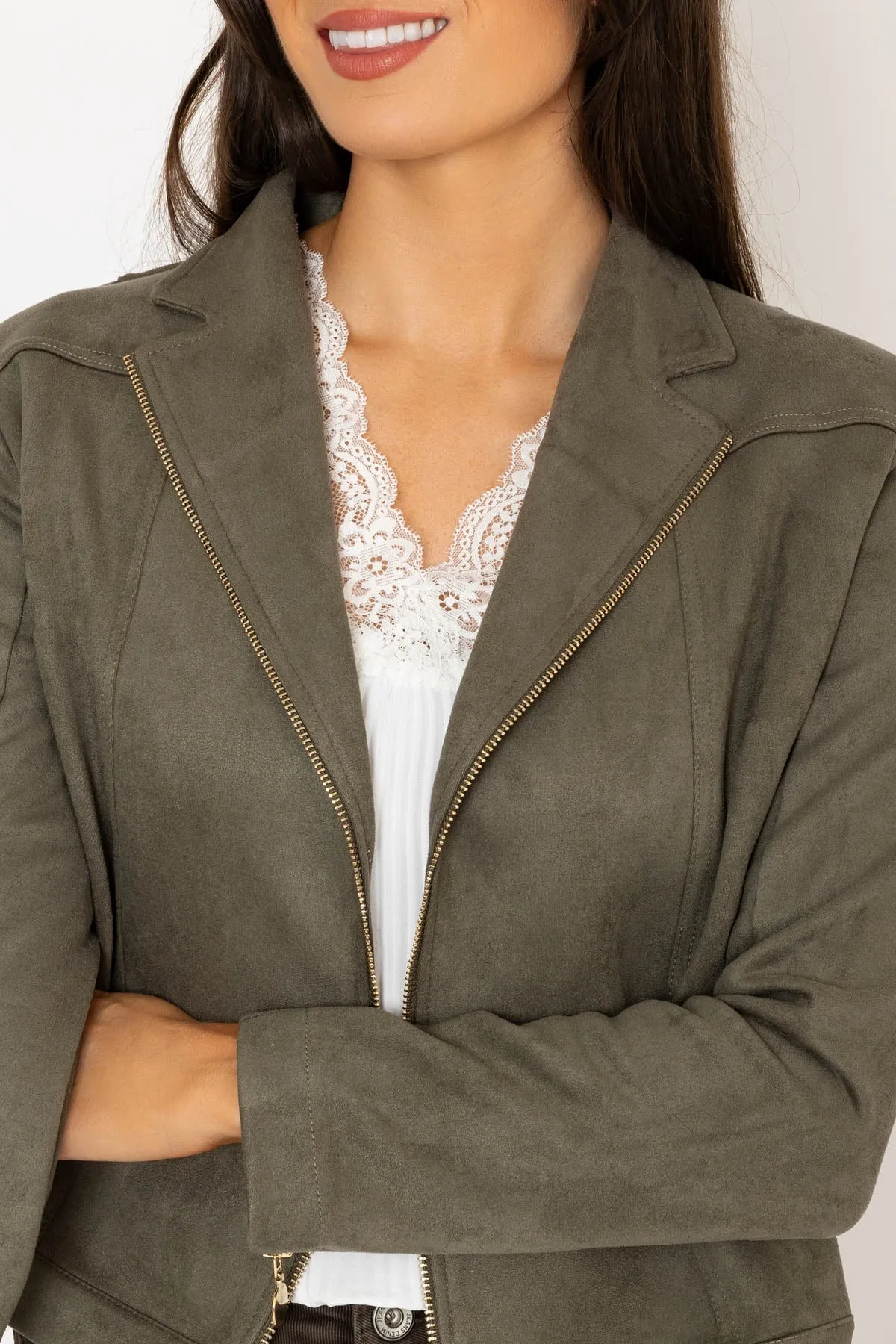 Khaki Suedette Zip Jacket