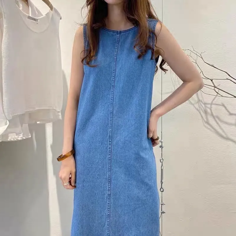 Korean chic summer niche retro round neck open line open back design loose long vest denim dress female