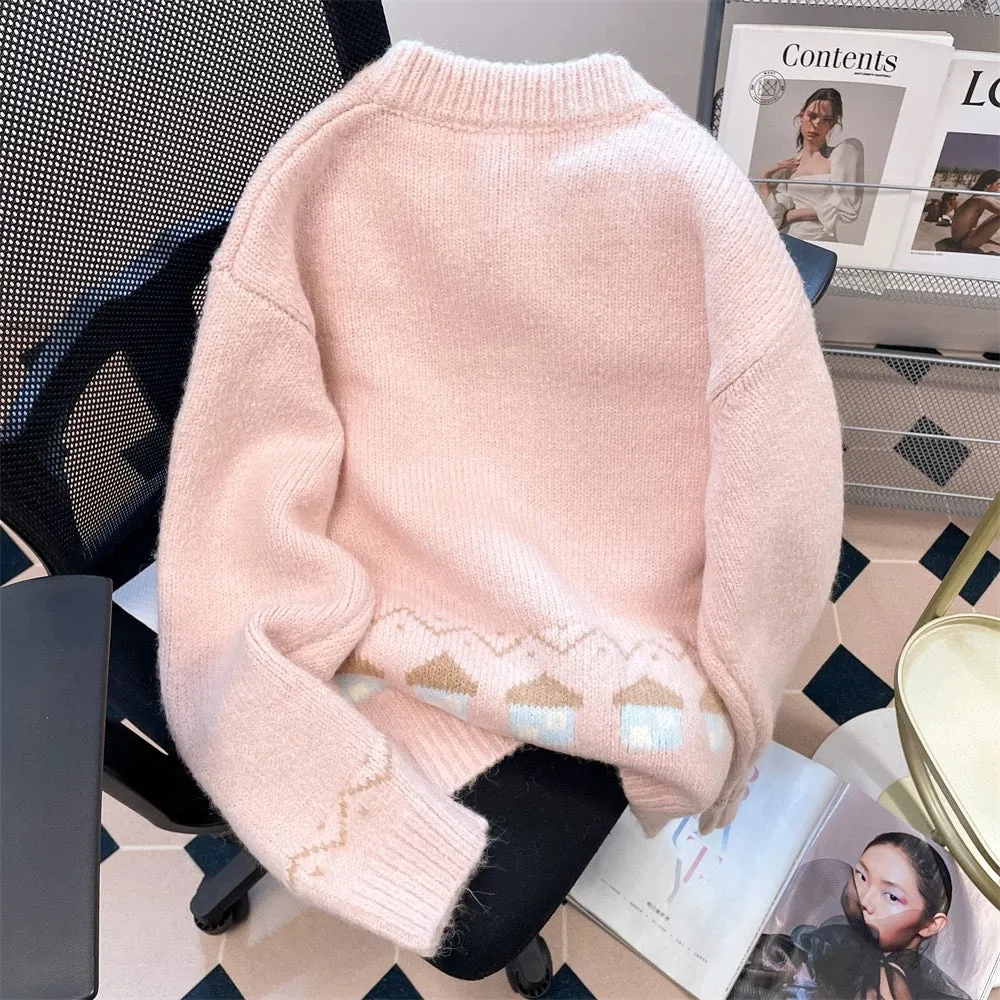 Korean high-end Fair Isle snowman jacquard sweater for women in autumn and winter, super nice lazy soft waxy knitted cardigan ja