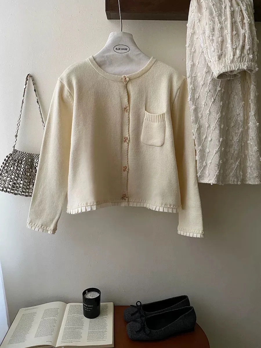 Korean style gray fungus edge bow button sweater cardigan for women autumn and winter miu style small fragrance knitted jacket t