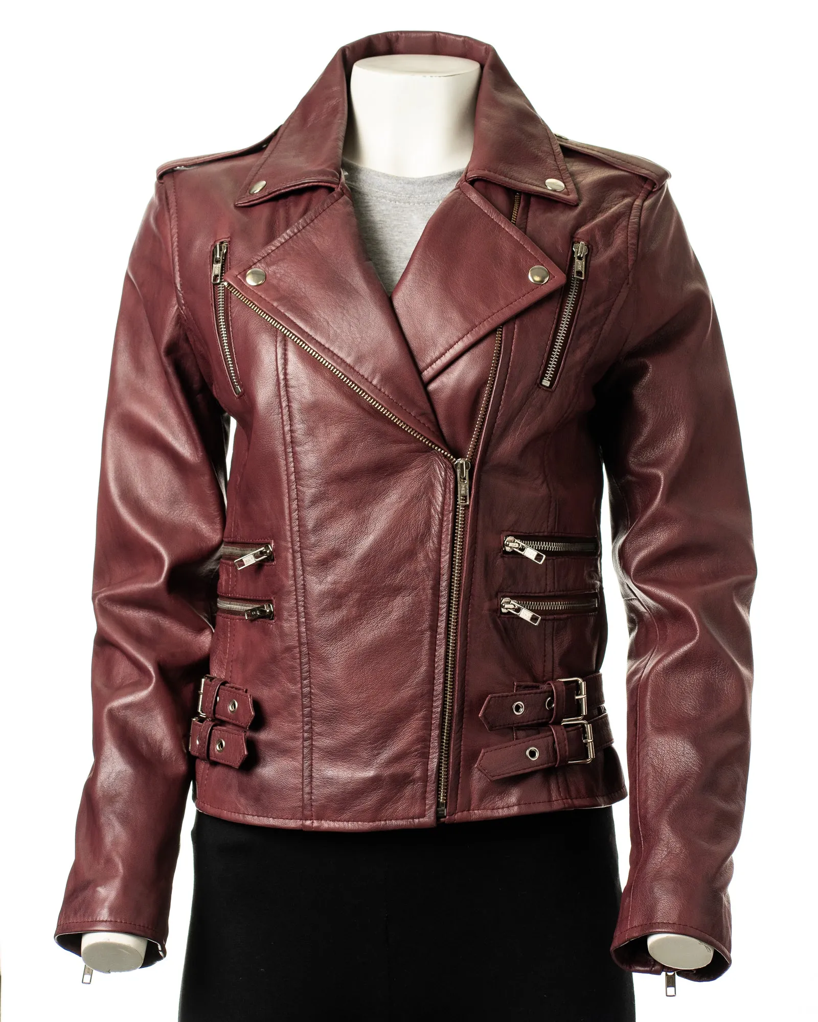 Ladies Burgundy Buckled Asymmetric Biker Style Leather Jacket: Angelica