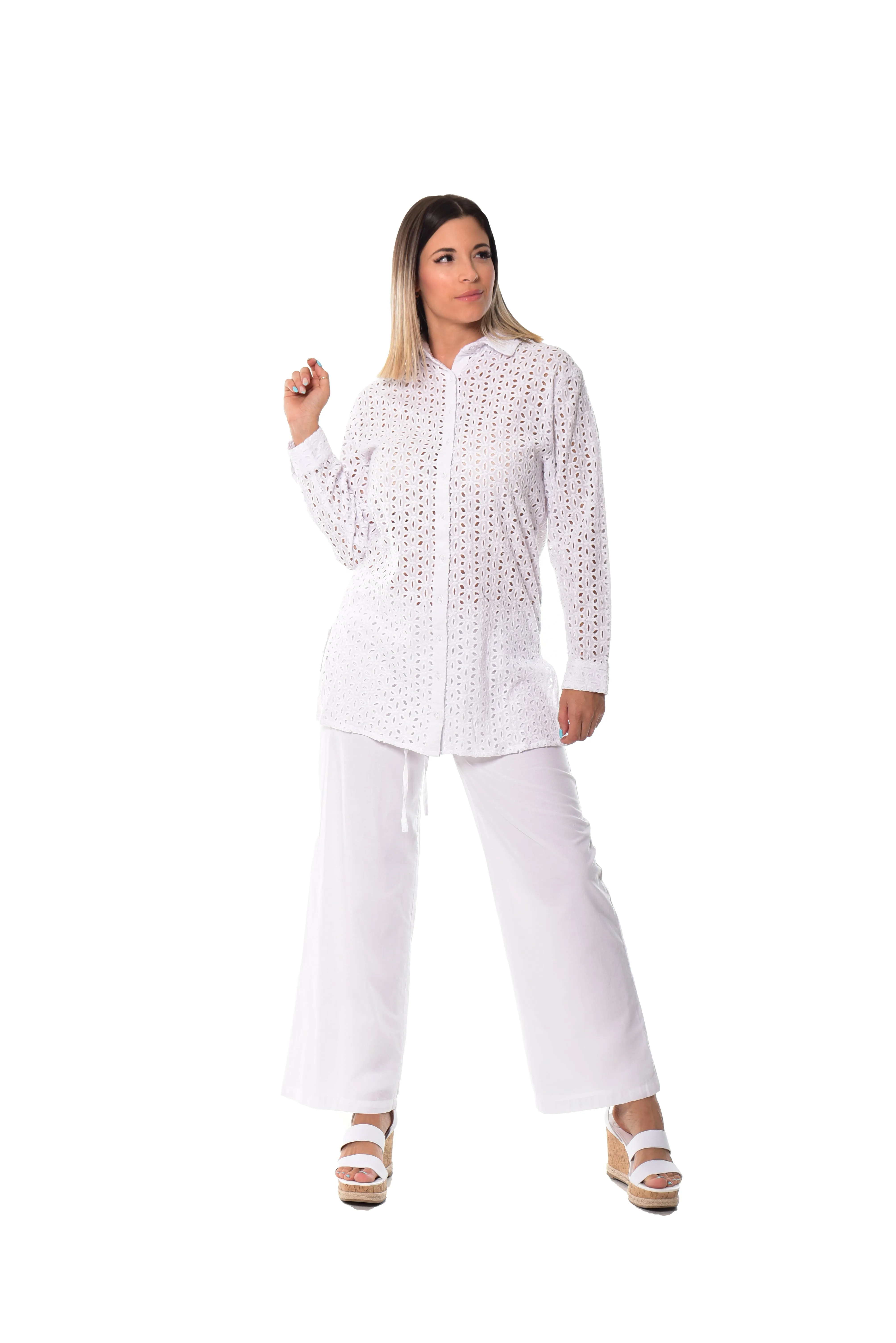 Ladies Eyelet Button Down Tunic Dess by Azucar - LCD217