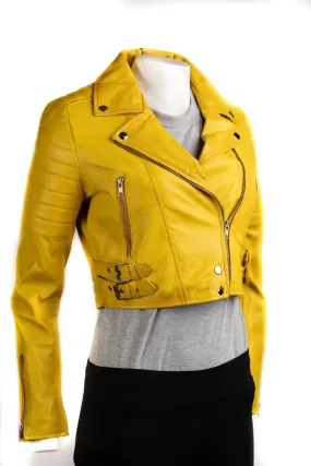 Ladies Yellow Cropped Leather Biker Style Jacket: Concetta