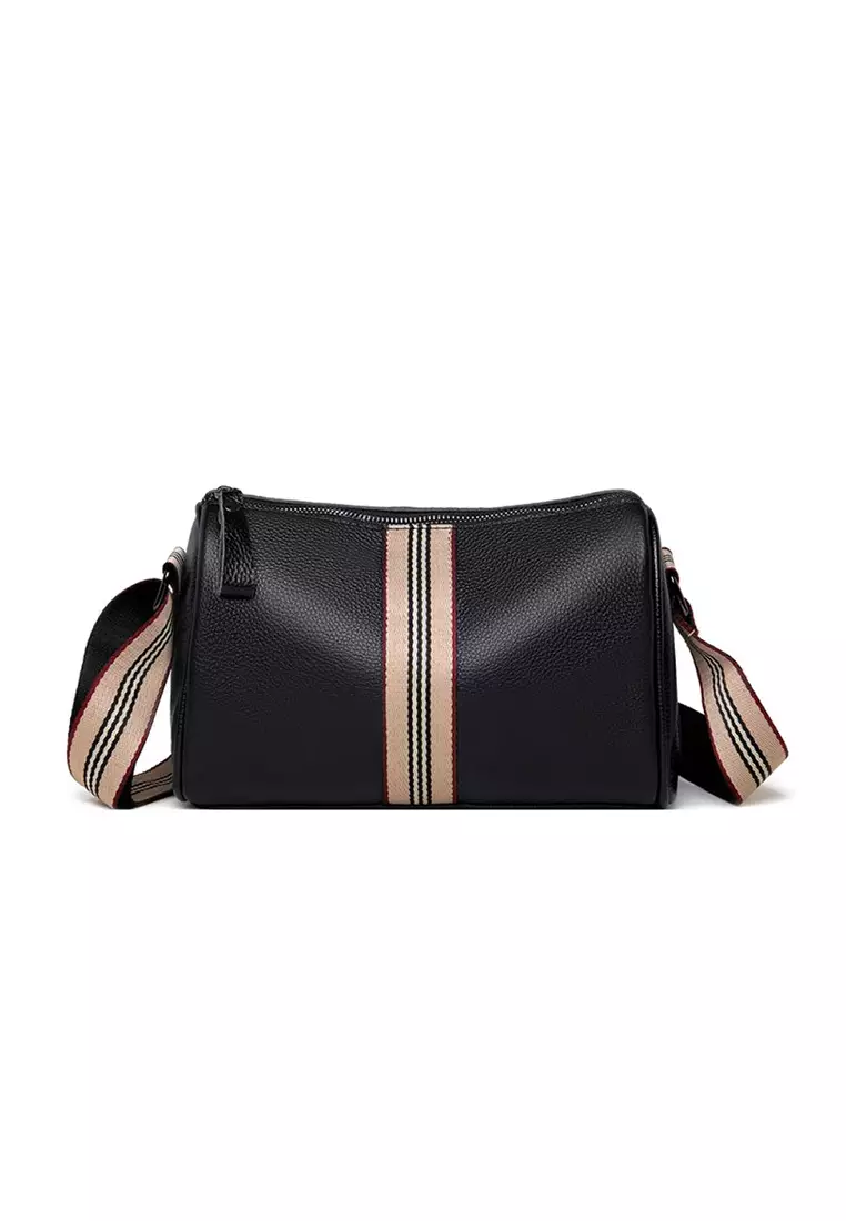 Lara Women's Stylish Cowhide Zipper Cross-body Shoulder Boston Bag - Black