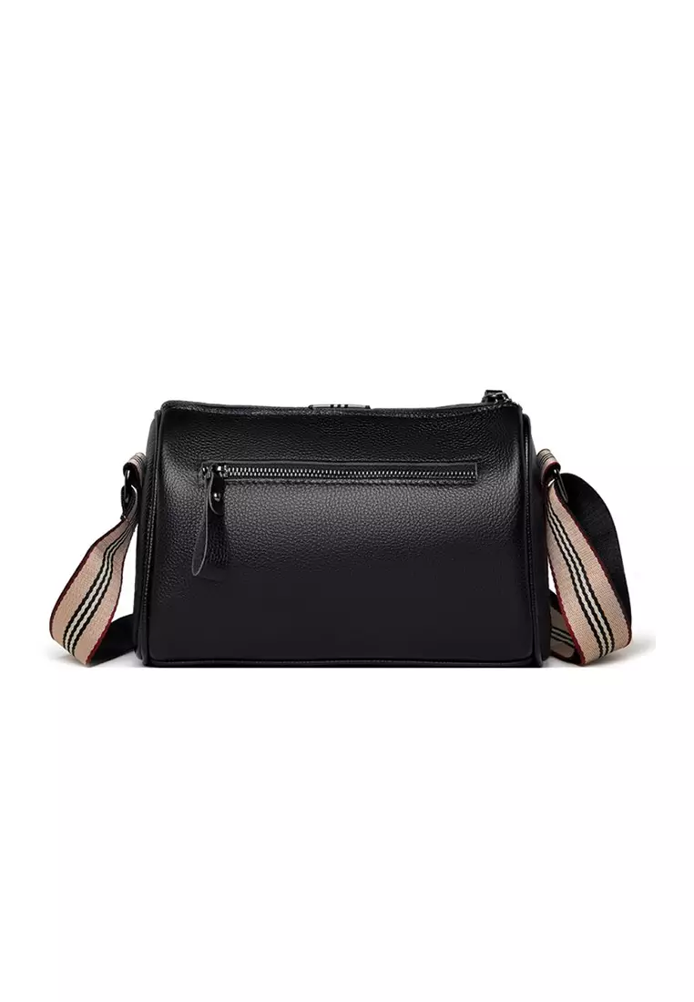Lara Women's Stylish Cowhide Zipper Cross-body Shoulder Boston Bag - Black