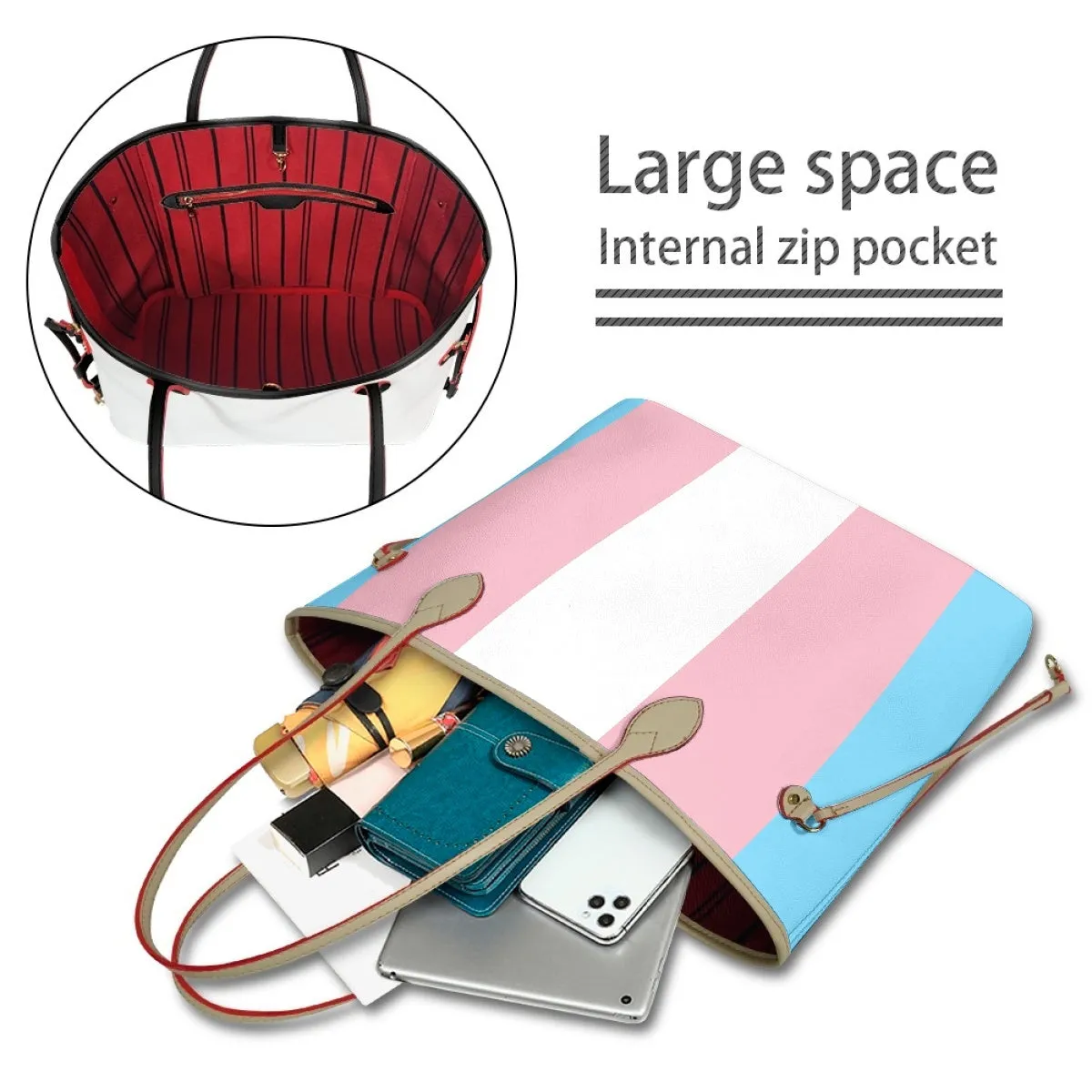 Large Blue Pink White All-Over Pride Vegan Leather Tote Handbag & Purse Set