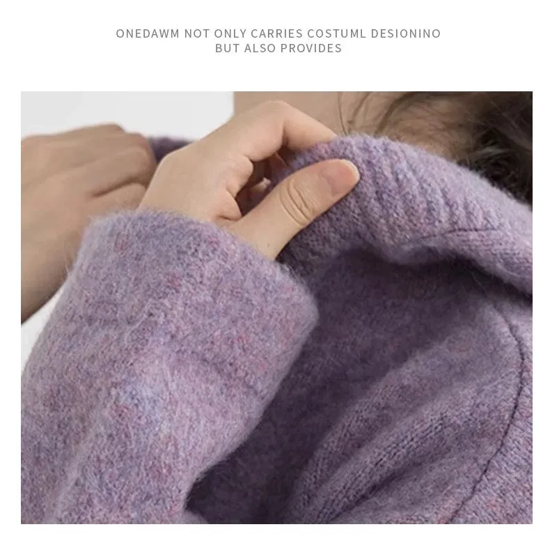 Lazy style thickened knitted cardigan for women 2024 autumn and winter hooded sweater dress purple small fragrance two-piece set