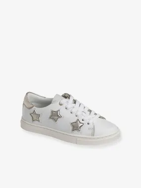 Leather Trainers with Laces & Zips for Girls - white medium solid with design