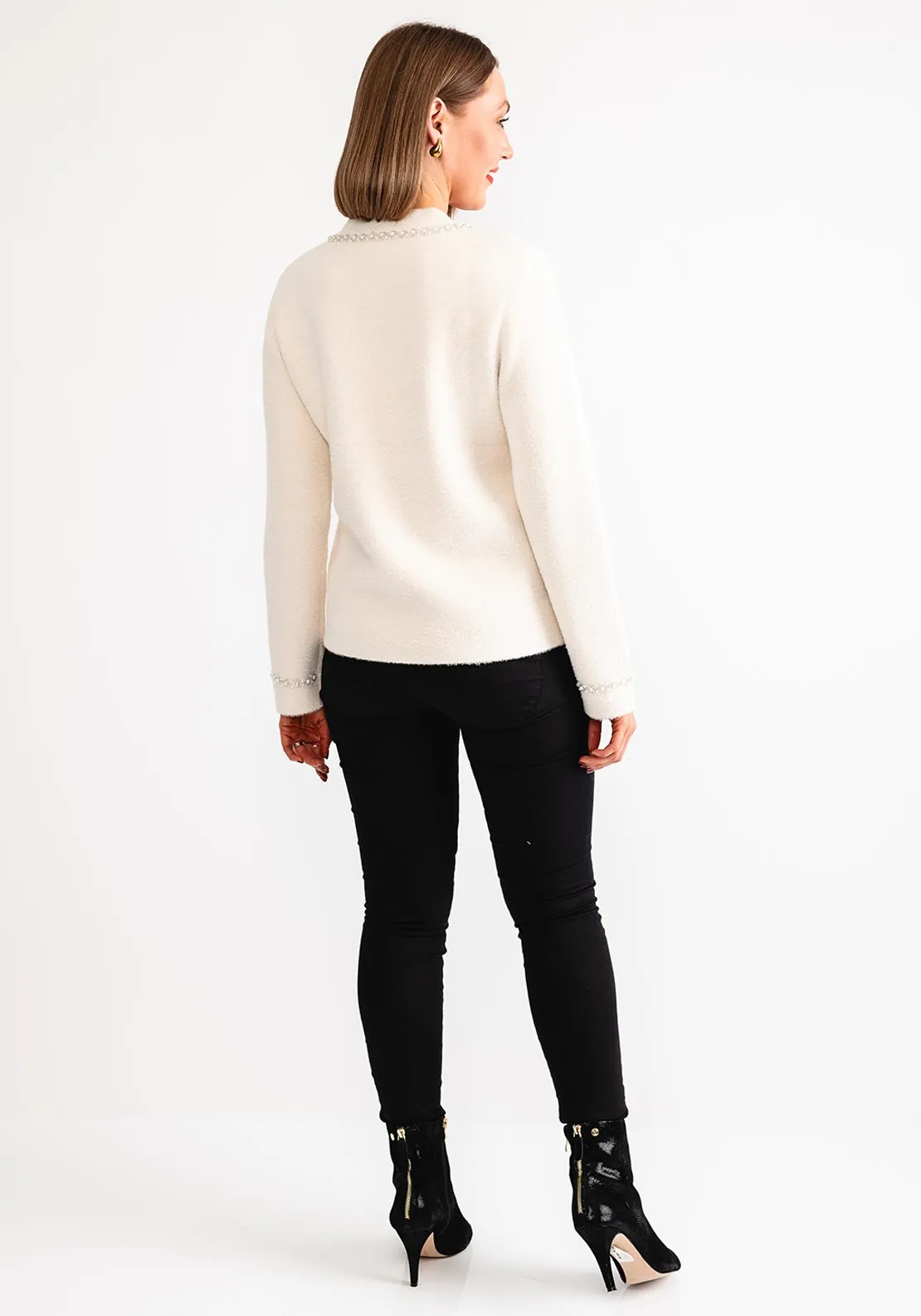 Leo and Ugo Pearl Embellished Bow Detail Cardigan, Cream