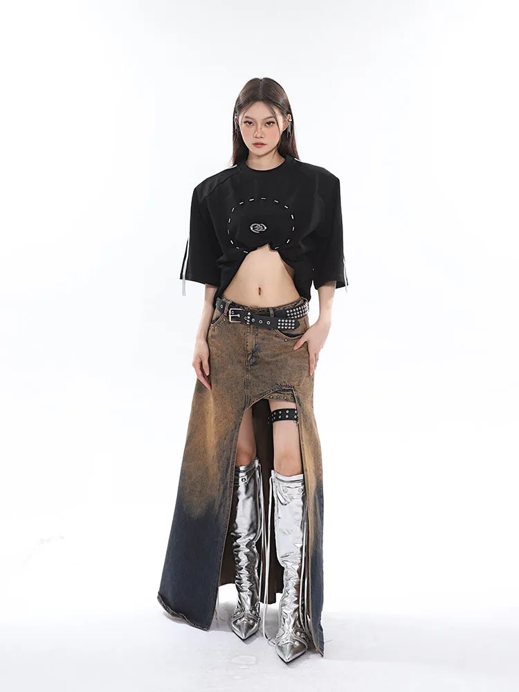 Lienna Denim Gradient Low Waist Asymmetrical Cut-Out Side Slit Long Jeans Skirt
