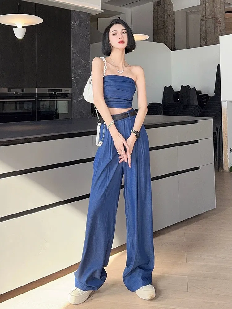 Light fabric-tone tall trousers, high-waisted, loose, thin, tube top, ice silk denim, drapey wide-leg pants, two-piece summer se