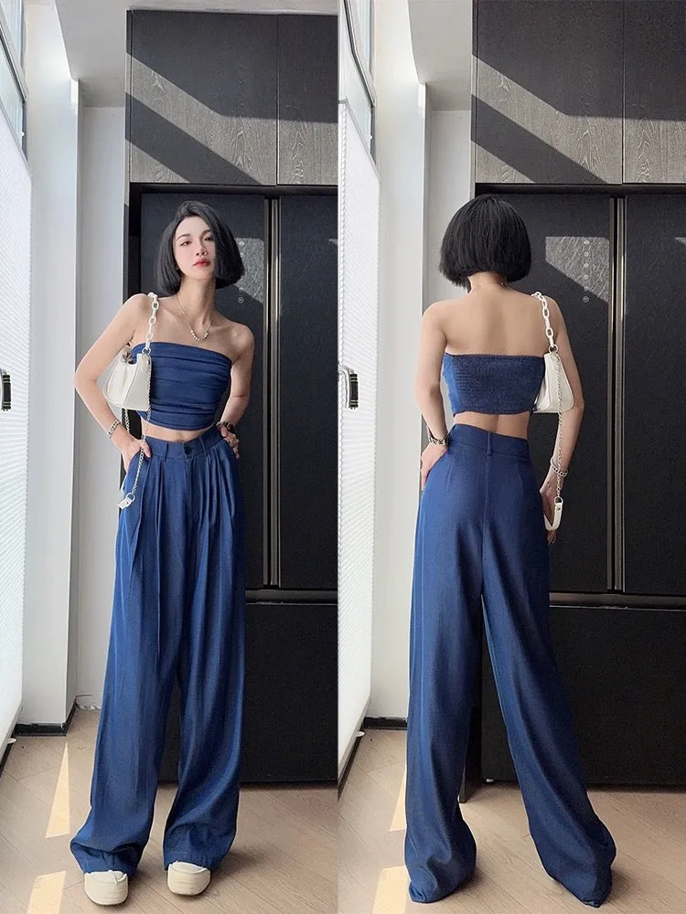 Light fabric-tone tall trousers, high-waisted, loose, thin, tube top, ice silk denim, drapey wide-leg pants, two-piece summer se