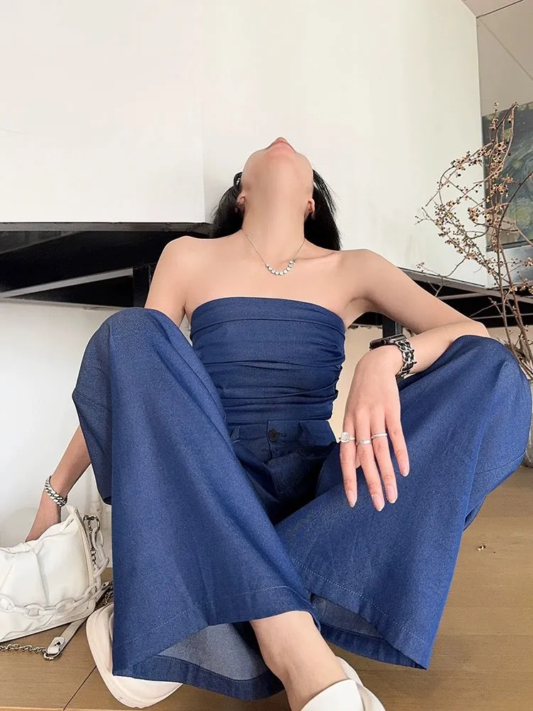 Light fabric-tone tall trousers, high-waisted, loose, thin, tube top, ice silk denim, drapey wide-leg pants, two-piece summer se