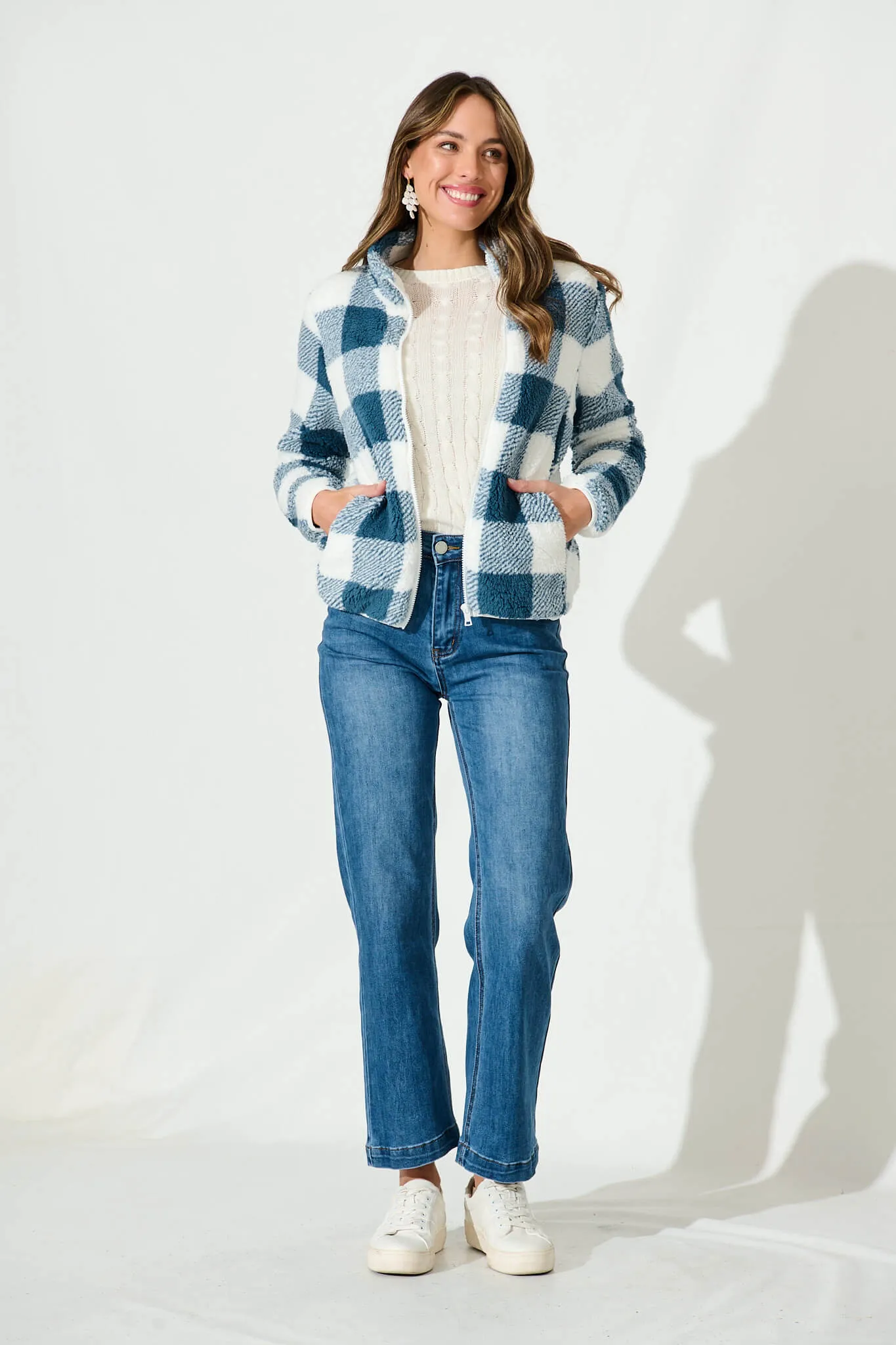 Linea Fluffy Jacket In Blue With White Check