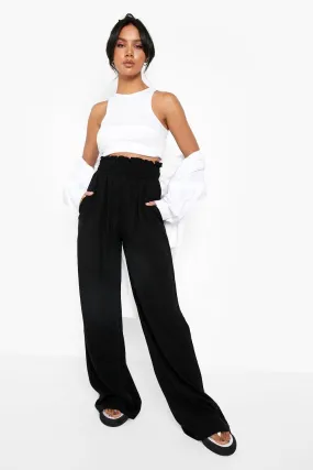Linen Look Shirred Waist Wide Leg Pants