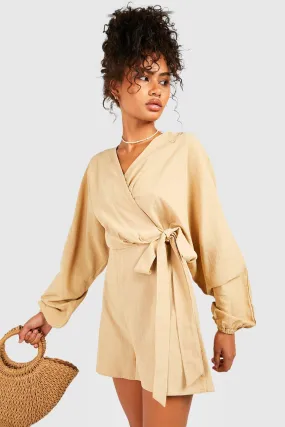 Linen Wrap Over Tie Detail Romper