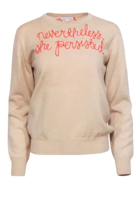 Lingua Franca - Beige Cashmere Sweater w/ Red Embroidered Script Sz S