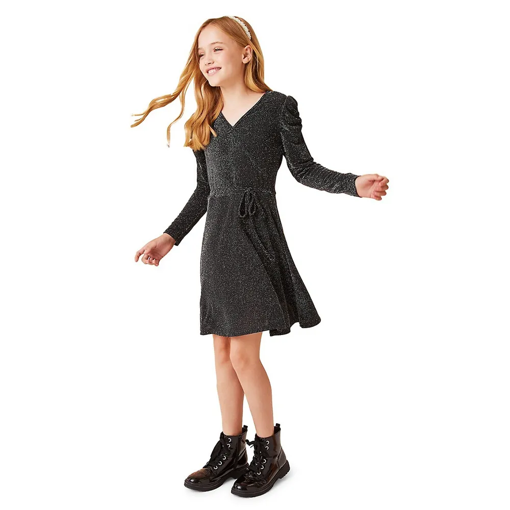 Lipsy Girl's Glitter Puff-Sleeve Wrap-Style Dress