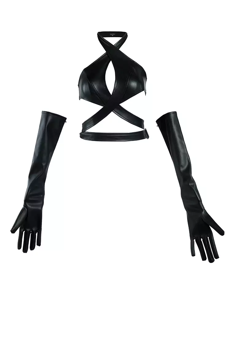 London Rag Black Halter Neck Top With Gloves