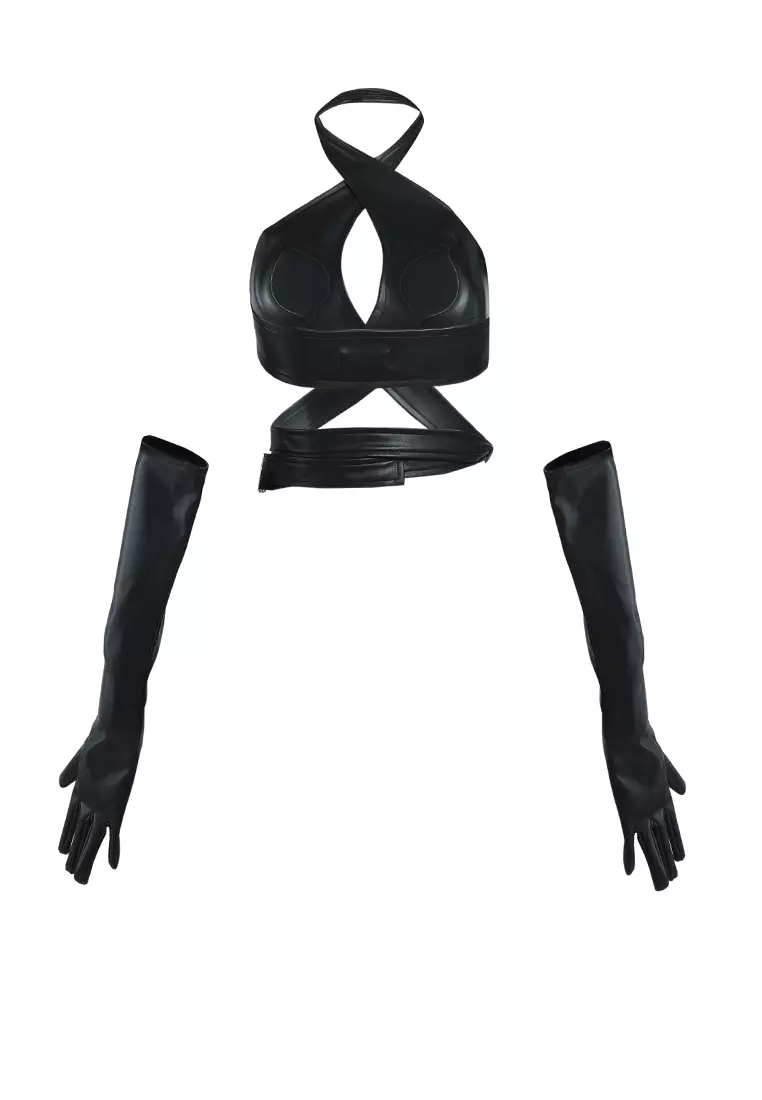 London Rag Black Halter Neck Top With Gloves