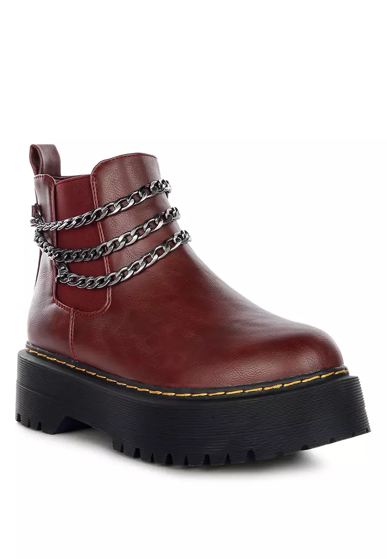 London Rag Burgundy Chunky Metal Chain Chelsea Boot