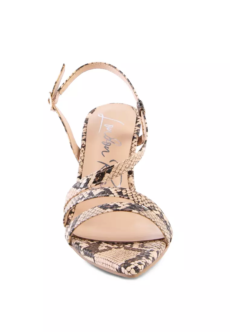 London Rag Macchiato Yellow Snake Print Spool Heeled Sandals