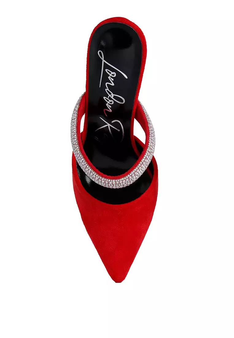 London Rag Red Diamante Strap Heeled Mules
